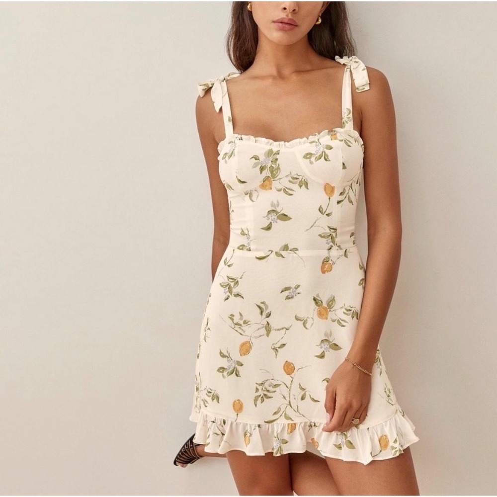 Reformation Cream Mini Dress with Yellow Lemon Print